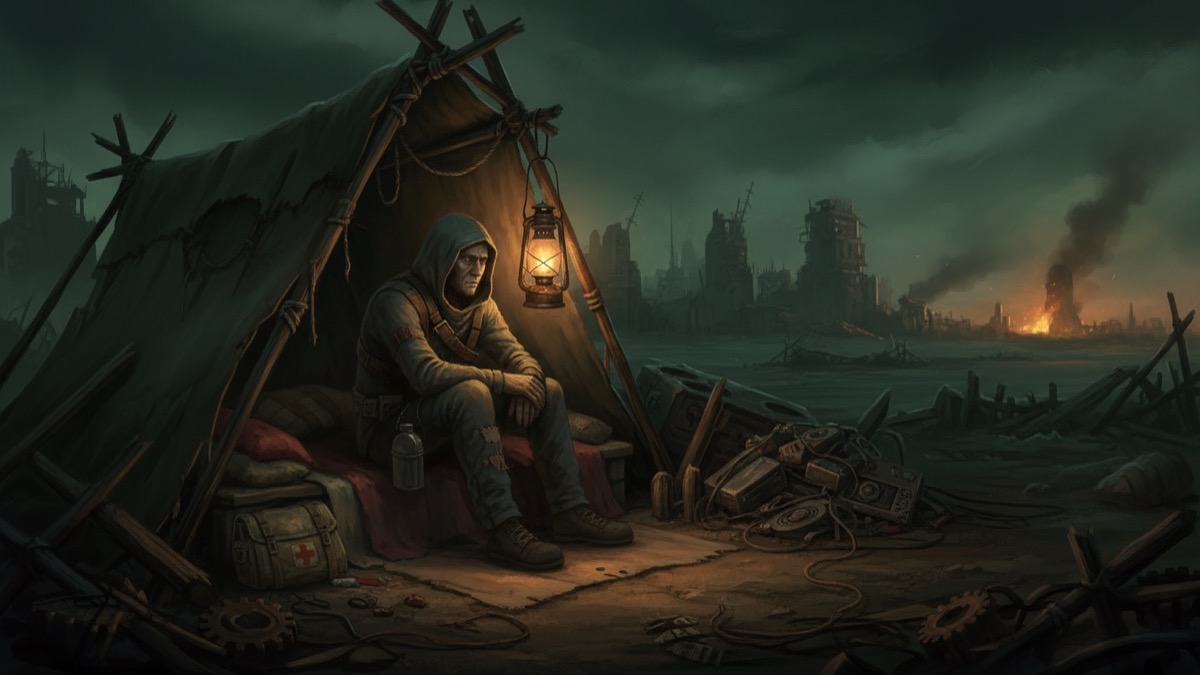 Illustration of a scavenger preparing a small camp with a lamp, water bottle and medical pouch