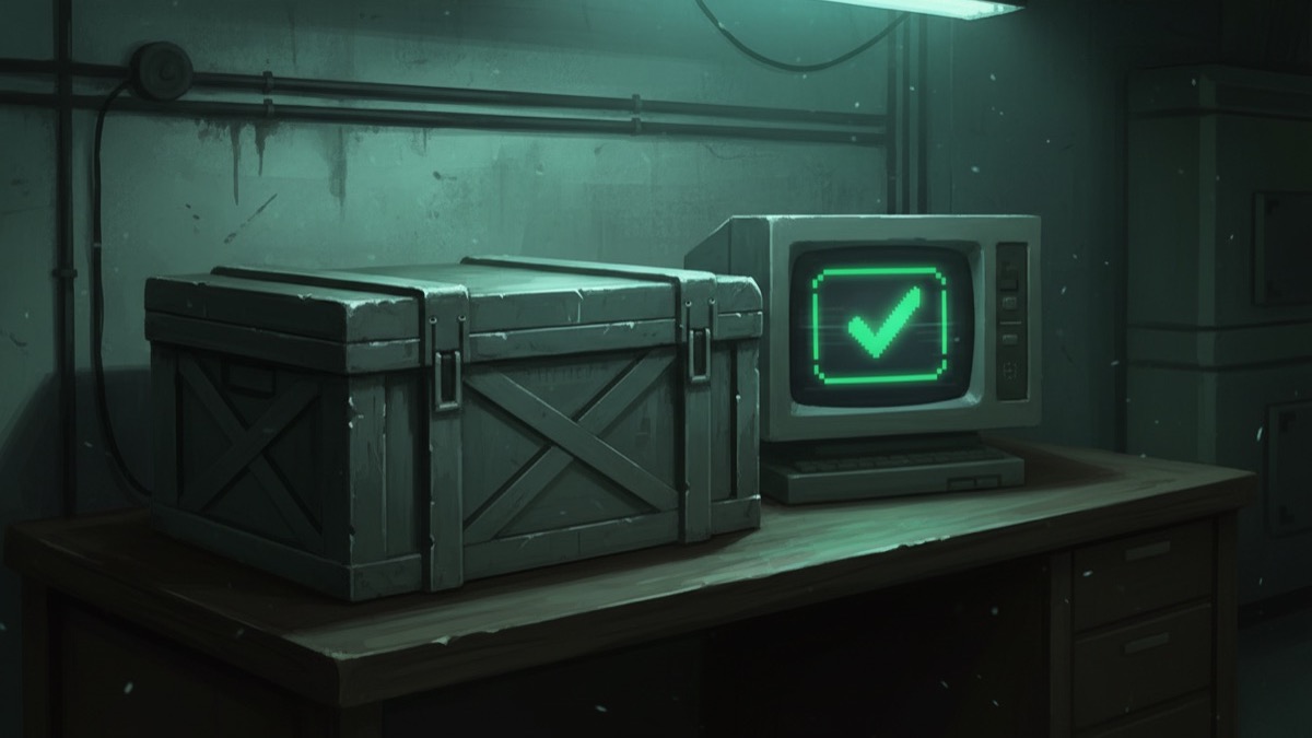 Illustration of a locked supply crate beside a computer terminal with a verified download route