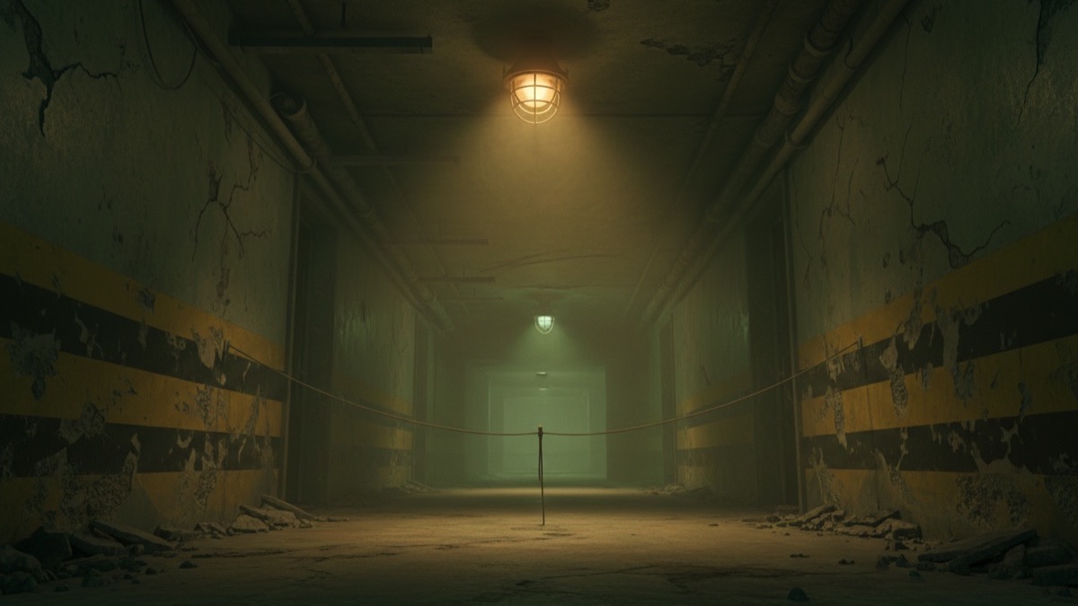 Illustration of a hazardous corridor with warning markings, a tripwire and industrial lighting