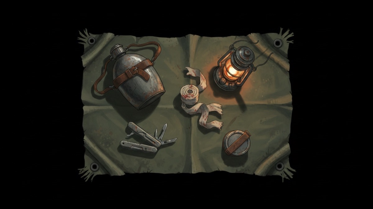 Illustration of survival items laid out on a canvas mat: canteen, bandage, lamp and tool