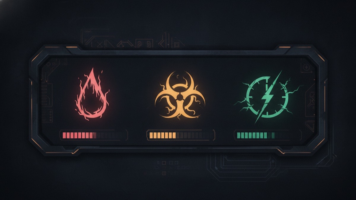 Illustration of a status panel with severity icons for bleeding, infection and fatigue