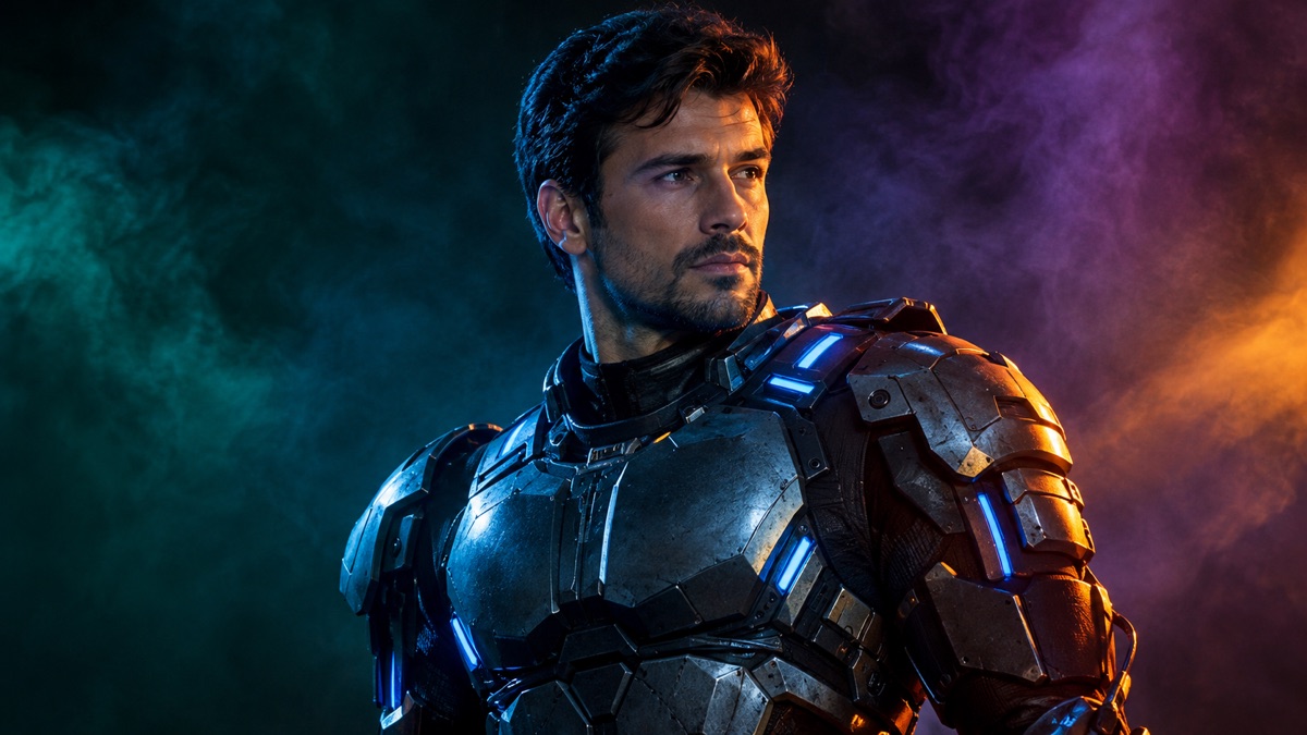 Adult model in a wearable metallic robot costume with blue LED accents under blue and orange studio light